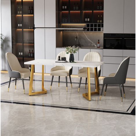 Table à manger rectangulaire MDF blanc effet marbre et métal doré 117x68x75 cm (1/5)