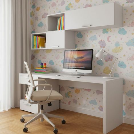 Angolo studio moderno con cassettiera sfalsata per cameretta - Bianco