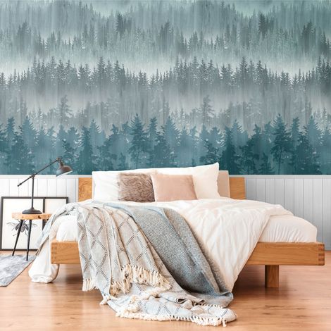 Fototapete Profhome 398111 heißgeprägte Vliestapete leicht strukturiert mit Waldmotiv matt blau pastell-türkis weiß grau 1,59 m x 2,8 m