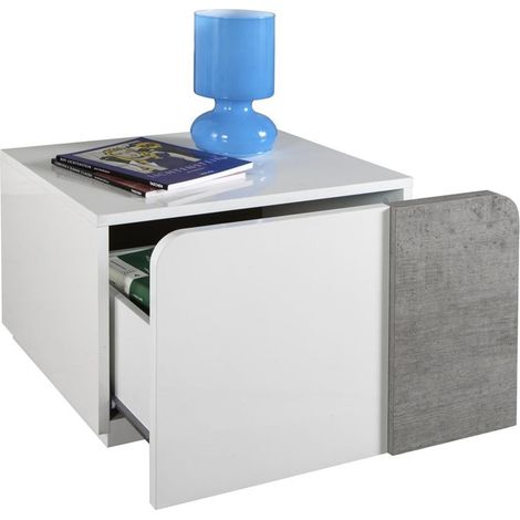 Kommode für Schlafzimmer in glänzend weisse und zement , Sideboard mit Metall Schubladenschienen -Nachttisch 1 Schublade (1/4)