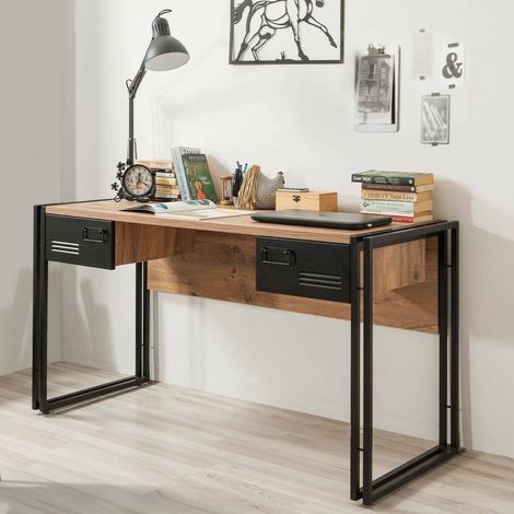 Dmora - Escritorio Dbonifaz, Escritorio multiusos, Mesa de oficina para PC, El plan de trabajo, 139x60h75 cm, Roble y Negro (1/5)
