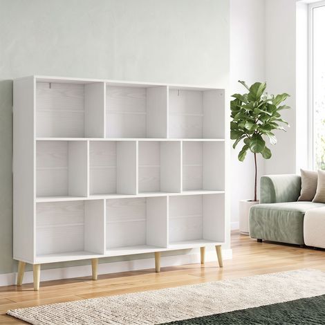 Bibliothèque à 3 Niveaux avec 10 Compartiments, Étagère de Rangement avec Pieds en Bois Massif, Effet Bois Blanc (1/5)