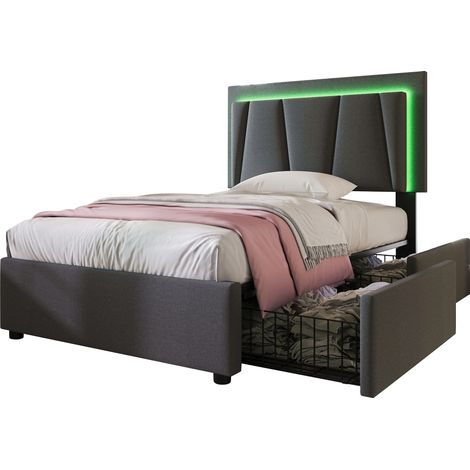 Lit rembourré avec éclairage LED et 2 tiroirs,tête de lit réglable en hauteur,lit simple 90x200cm,rangements,cadre de lit,sommier à lattes en bois,Garu (sans matelas) (1/5)
