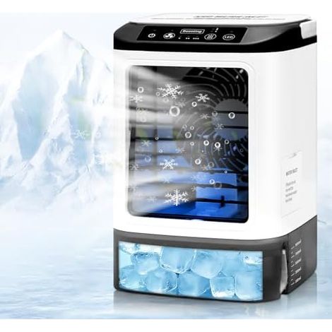 Climatiseur mobile silencieux,4 vitesses climatiseur portable, climatiseur mobile sans évacuation,réservoir 900 ml,bac à glace, moule à glaçons, 7 LED, idéal maison, bureau et voyage.