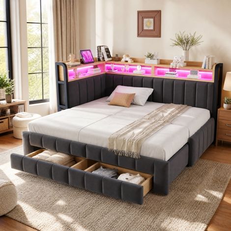 MEUBLIV Lit 90x200 cm gris foncé – rangement, LED et charge USB, sans matelas (1/5)