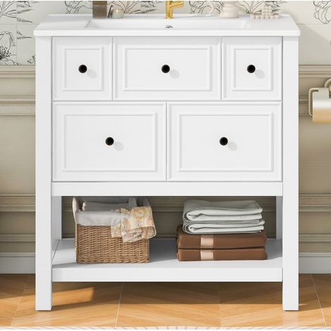 Mueble de baño con lavabo sobre patas, 76x46,5x82 cm, blanco, 5 cajones y nichos abiertos (1/5)