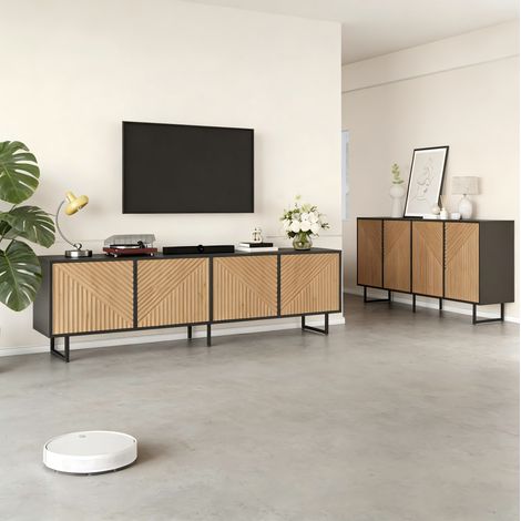 Set soggiorno con credenza 160x40x75 cm e mobile TV 180x40x50 cm, 4 ante, legno naturale e nero, truciolare (1/5)
