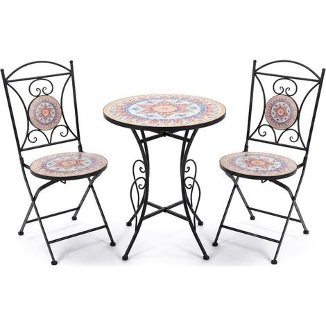 Ensemble de Table et 2 chaises de Jardin en métal et Pierre en Noir, Jaune, Bleu et Blanc, 72 x 60 x 60 cm (1/5)