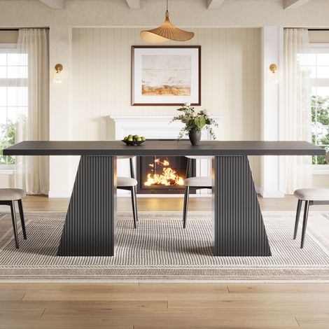 Table à manger extensible 120-160x80 cm pour 4 à 6 personnes, pieds trapézoïdaux à rainures verticales, patins antidérapants, MDF noir (1/5)