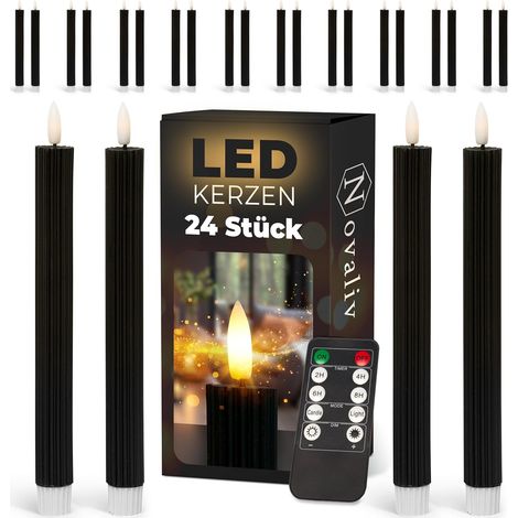 Bougies bâton LED 12 pièces VRAIE CIRE côtelée NOIRE avec fonction minuterie 6 heures 23 cm de hauteur pour bougies 2,2 cm de diamètre 2 piles AAA