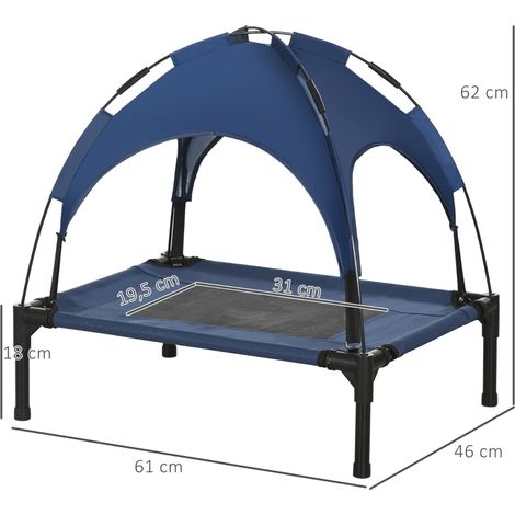 Lit pour chien surélevé d'extérieur avec auvent, protection UV 61x46x62 cm, tissu en taffetas respirant bleu foncé pour un repos confortable des animaux (1/5)