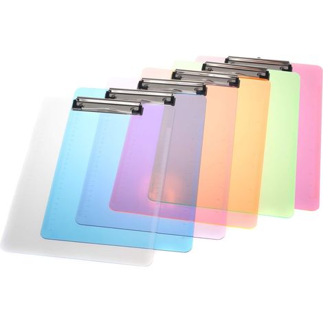 Juego de 6 portapapeles A4, con clips de metal y goma, de plástico transparente, con regla integrada, para oficina, escuela y hospital. (1/5)
