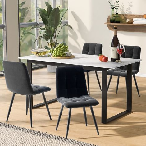 Ensemble table et chaises extensible 140/180x80x75cm - 4 chaises velours gris - Plateau MDF blanc - Pieds noirs (1/5)