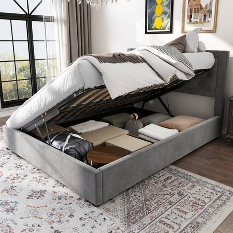 Polsterbett mit Stauraum 140x200 Samt Grau Stahl OKMYHOME (1/5)