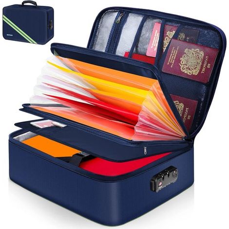 Organizador de documentos，Caja de almacenamiento de archivos，Guarda tus documentos de forma segura，Impermeable e ignífugo，7 compartimentos，Azul (1/5)