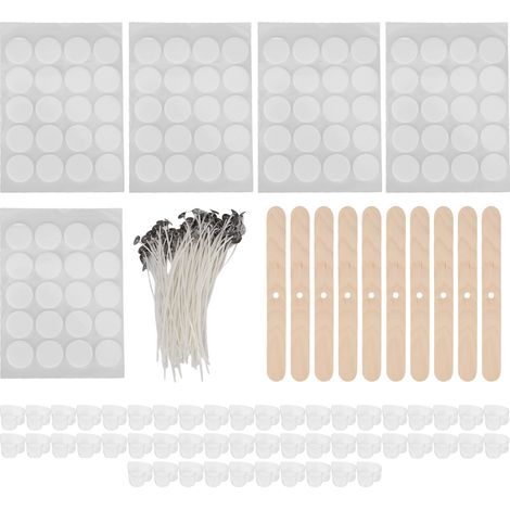 100 Supports pour Mèches en Bois, 100 Mèches de Bougie 15cm, 50 Coques à Bougie, 100 Autocollants Double Face pour Bougies (Autocollant en Forme de Cœur Blanc)