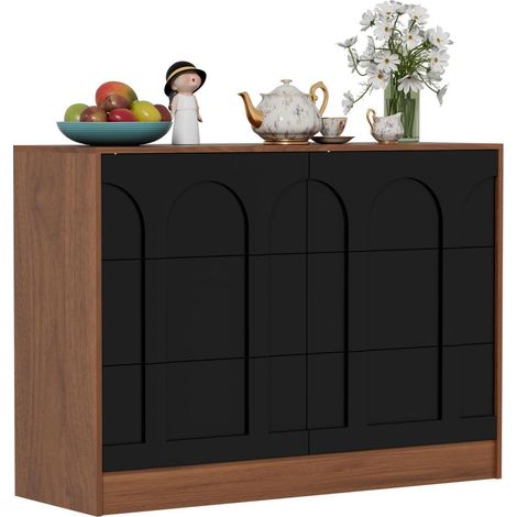 Commode moderne 6 tiroirs bois noir et bois 100x37x73cm rangement chambre salon (1/5)