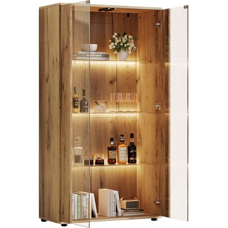 Vitrine avec 2 portes vitrées, 4 étagères et LED réglable, meuble de rangement en panneaux de particules et verre pour salon, salle à manger ou bureau  CHICFURN (1/5)