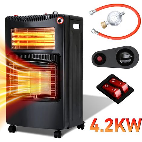 TolleTour Chauffage gaz et électrique 2-en-1 4200/1200 W, céramique et quartz, ODS, 5 roulettes, 2 adaptateurs UE (1/5)