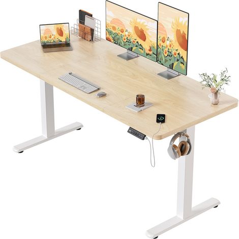 Devoko – Bureau assis debout réglable en hauteur 73-118 cm – Port USB intégré – Design ergonomique avec coins incurvés – Gestion des câbles