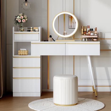 Coiffeuse blanche 102x100x41,5cm plateau extensible,6 tiroirs poignées dorées miroir LED dimmable (sans tabouret)