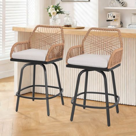 Avestar Lot de 2 Chaises haute de Bar de Jardin Extérieur Pivotants, Rotin Tressé Résistant aux Intempéries, Coussin Amovible, Beige
