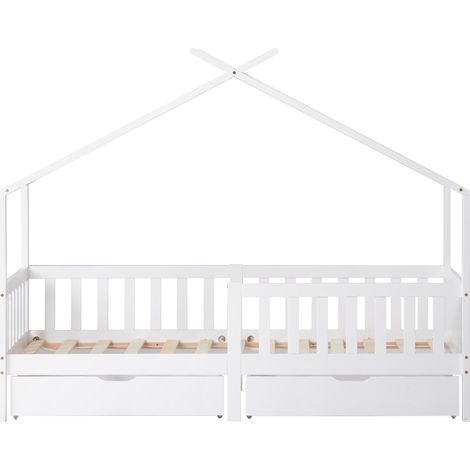 Lit cabane enfant 90x200 cm blanc avec 2 tiroirs, barrières et sommier à lattes (1/5)
