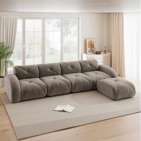 Sofá esquinero modular en L de chenilla topo 4 plazas con puff OKWISH (1/5)
