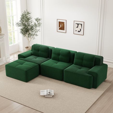 Canapé d'angle modulable 293x177x69cm - 3 places - cloud avec pouf + modulable en L + rembourré - velours côtelé - vert (1/5)