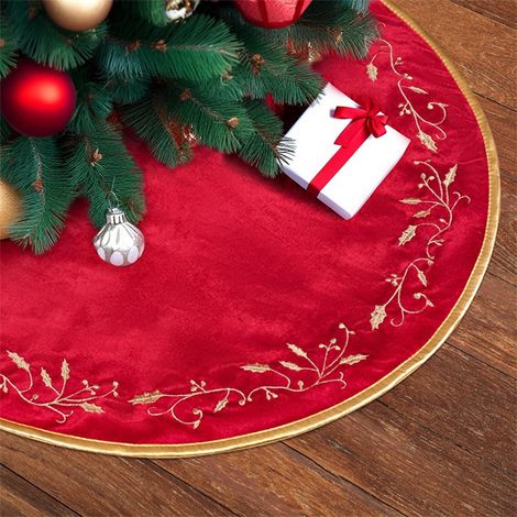 Ardoise De Sapin De Noël - Velours Rouge - Broderie Or Feuille De Houx - Diamètre 82 Cm - Pour Décoration Intérieure Fêtes De Fin D Année (1/5)