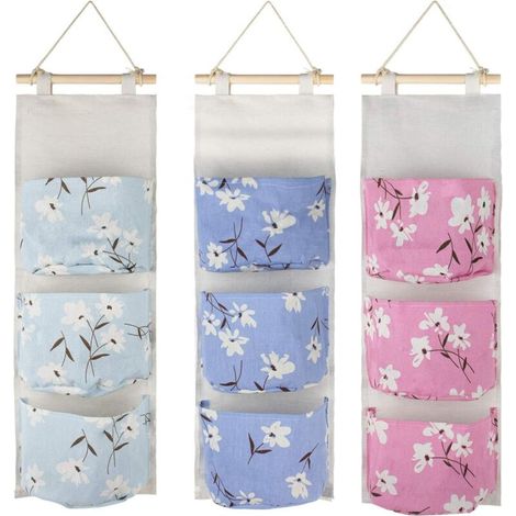 Lot de 3 sacs de rangement muraux à suspendre au-dessus de la porte, organiseur en tissu de lin imperméable avec 3 poches, étagères de rangement multifonctions pour placard, chambre, salle de bain. (1/4)