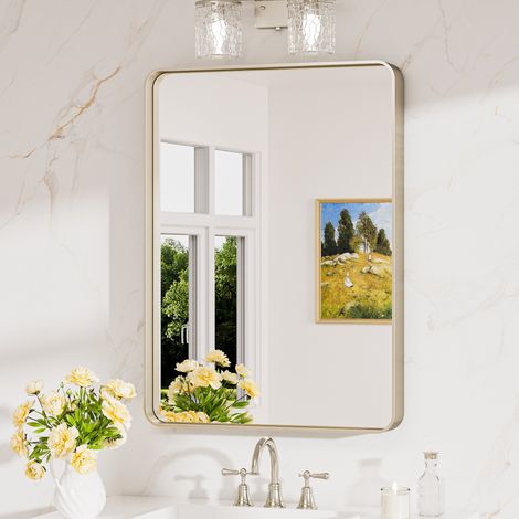 Keonjinn Wandspiegel mit Robust Gehärtetem Glas, 50x75cm Badezimmerspiegel mit Alurahmen, Rechteckiger Badspiegel Vertikal und Horizontal möglich, Gebürstet Nickel
