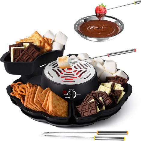 2-in-1-Set für S'mores und Fondue, S'mores-Set für die Arbeitsplatte, Marshmallow-Röster mit Temperaturregelung, 4 herausnehmbare Tabletts, 4 Röstgabeln und 1 Warmhalteschale.
