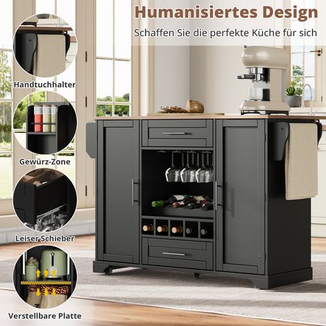 Chariot de service roulant avec plan de travail pliant, îlot mobile sur roues, rangement pour bouteilles, support à verres, étagère à épices et porte-serviettes, 120 x 45/70 x 92 cm, noir – Meuble de (1/5)