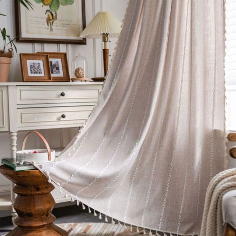 Draperies lin brodé bohème - Nosheir - Sable/khaki, franges décoratives - Style campagne (1/4)