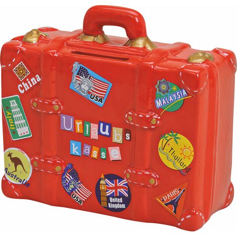 Spardose Reisekoffer rot - 14x13cm - Sparbüchse Urlaubs Reise Kasse Geschenkidee