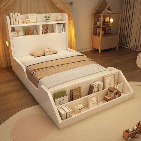 Bett Einzelbett 90x200 mit Ablage Holz Weiß HAVRYA (1/5)