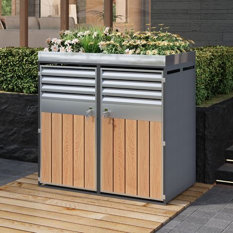 Doppel-Mülltonnenbox 132x80x124.5cm mit Pflanzdach und Schloss aus verzinktem Stahl Industrie-Stil Grau und Holzoptik