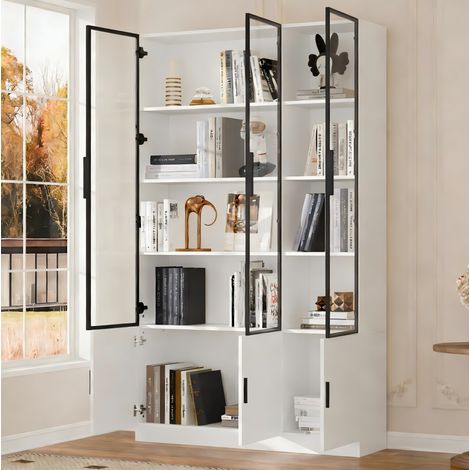 Vitrina alta 120x32x200 cm de MDF y vidrio blanco, 6 puertas LED para salón - MEUBLIV (1/5)