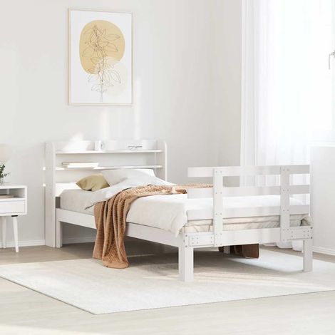 Cadre de lit 75 x 190 cm avec tête de lit à étagères, pin massif blanc, sans matelas - PANGIVO (1/5)