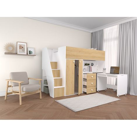 Letto a soppalco 90 x 190 cm con armadio e scrivania - Bianco e naturale - LANILATO (1/3)