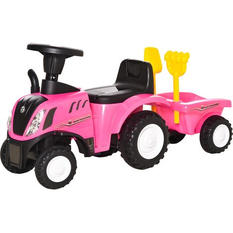 Tracteur enfants 12-36 mois avec remorque amovible, corne, phares, pelle, râteau, charge 25 kg, 91x29x44 cm Rose