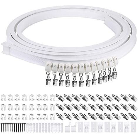 3 Meter lange gebogene Stahlclip-Gardinenhaken, 30 Rollen, 24 Montagehalterungen, 9 Endkappen, 4 Schrauben und 12 Gummistopfen. (1/5)