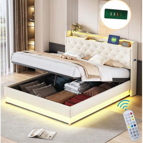 Cama dormitorio 160x200 con LED y USB beige OKMYHOME (1/5)