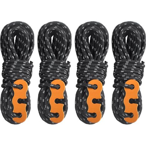 Corde réfléchissante pour tente, 4 m, en nylon avec tendeur léger en aluminium, 3 mm, pour fixer les bâches et le matériel de camping, noire. (1/5)