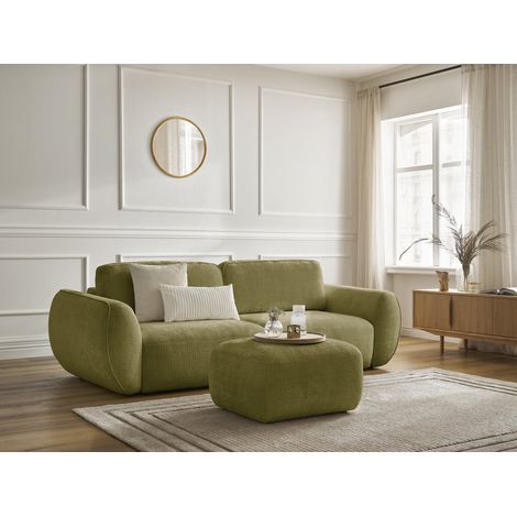 BOBOCHIC - Canapé droit convertible 3 places DENISE tissu texturé avec pouf Vert (1/5)