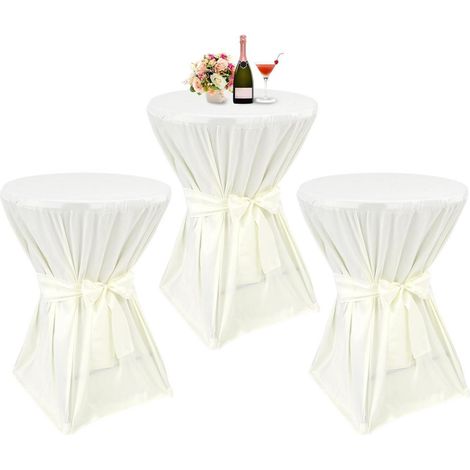 Set de 3 housses de table haute Ivoire Ø80-85cm, Nouveau design à bande, Antidérapant