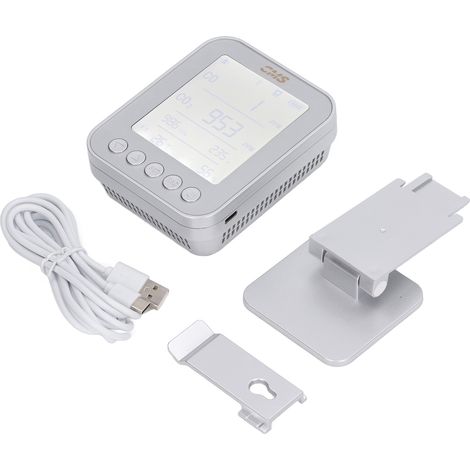 Moniteur de qualité de l'air 6 en 1 : CO₂, pression atmosphérique, altitude, température, humidité, surveillance en temps réel, USB, argent. (1/5)