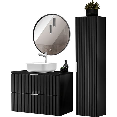 Badezimmer komplett Set, mit Hochschrank, Keramik Waschbecken und LED Spiegel, schwarz matt gerillt, ADELAIDE-56-BLACK, B/H/T ca. 130/200/46,5 cm (1/5)