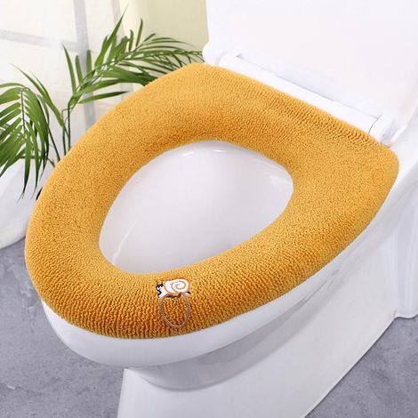 Lot de housses de lunette WC jaunes avec poignée - Coussin de toilette épais, doux, extensible, lavable, adaptable à toutes cuvettes ovales (1/5)